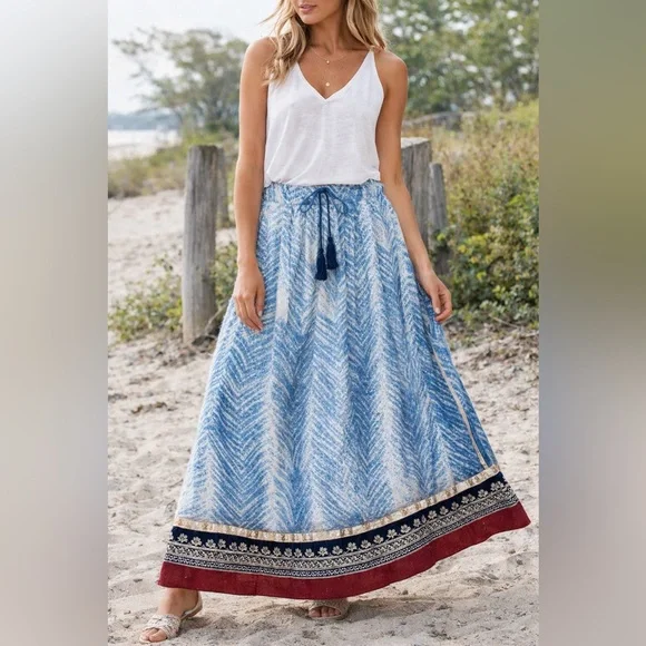 Soft Surroundings Size L (14/16) Rhoda Blue Chevron Embroidered Boho Maxi Skirt - Picture 3 of 13